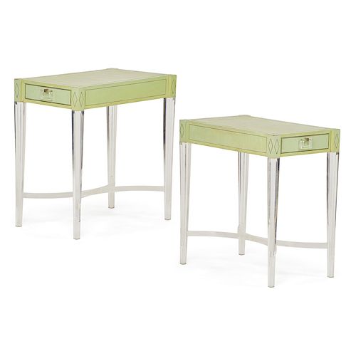 PAIR OF CELADON PAINTED AND LUCITE SIDE TABLES