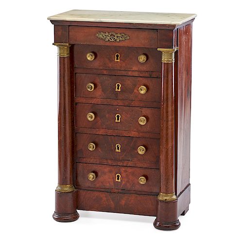 EMPIRE STYLE MAHOGANY MINIATURE TALL CHEST OF DRAWERS