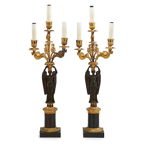 PAIR OF EMPIRE STYLE GILT BRONZE CANDELABRA LAMPS