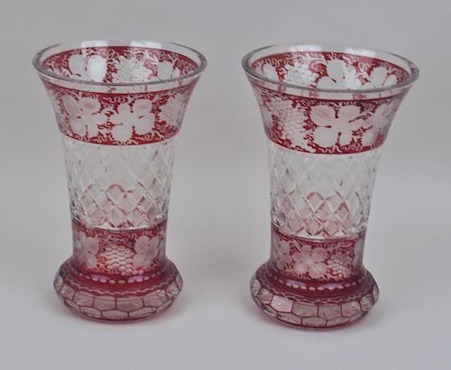 Pair Cranberry Cut/Clear Crystal Vases