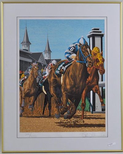 Signed Lithograph of Horse Racing, Churchill Downs
