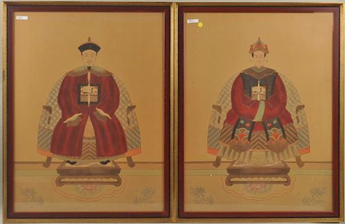 Pair Chinese Ancestry Portraits Pigment On Silk
