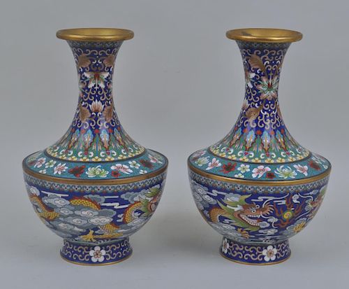 Pair Chinese Gilded Cloisonne Floral Motif Vases