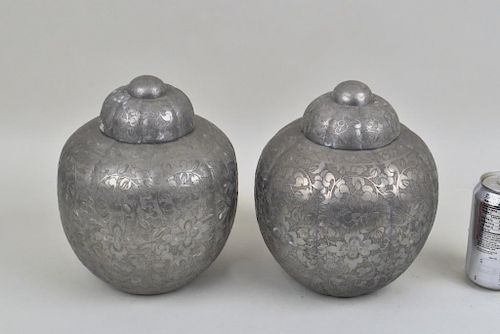 Pair Chinese Incised Pewter Lidded Tea Canisters