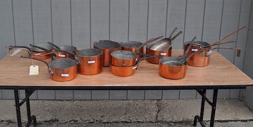 Group Sixteen Copper Saucepans, Two Ladles
