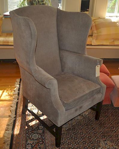Chippendale Style Wing Chair, Green Suede