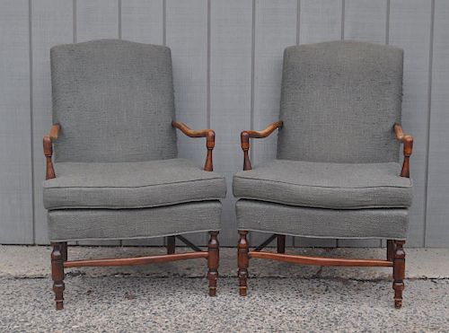 Pair French Upholstered Open Armchairs
