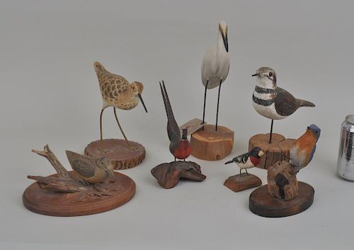 Group of Eight Bird Carvings, Some Signed