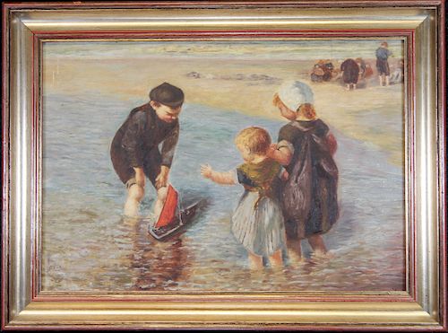 Early 20th C Painting of Children Playing at Beach