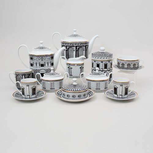 Group of Piero Fornasetti Transfer Printed Porcelain Tea and Coffee Wares in the 'Palladiana' Pattern, for Rosenthal