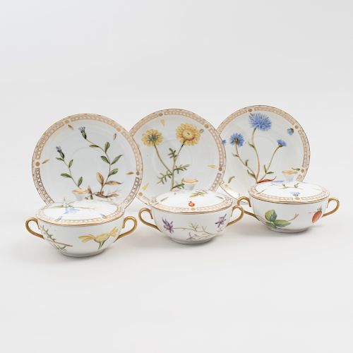 Set of Eleven Bing and Grondahl Painted and Gilt Decorated Botanical Porcelain Soup Bowls, Covers and Underplates