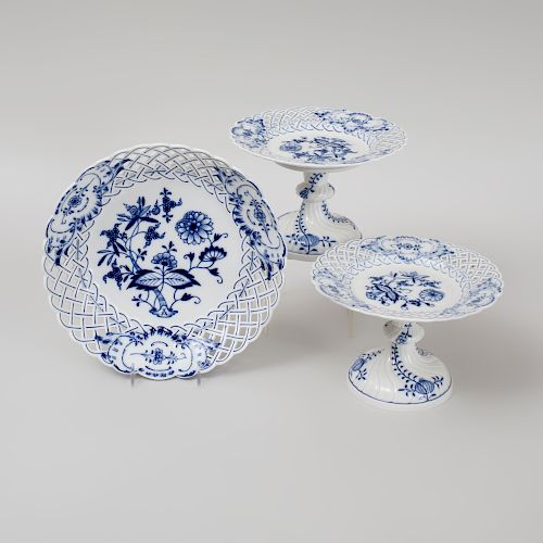 Pair of Meissen Porcelain Compotes and a Reticulated Shallow Bowl in the 'Blue Onion' Pattern
