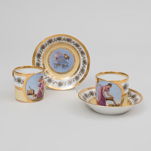 Pair of Stone, Coquerel et Legros Empire Coffee Cans and Saucers Emblamatic of August and September