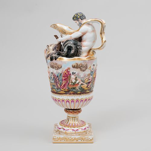 Capodimonte Porcelain Ewer with a Triton Handle and Dolphin Mask Spout