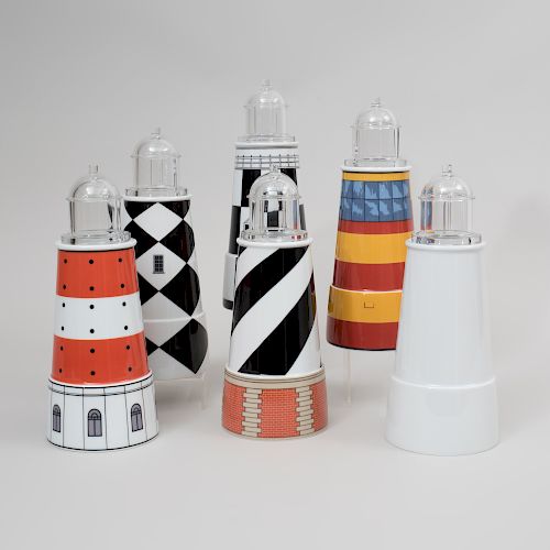 Group of Five Aldo Rossi Transfer Printed Porcelain and Glass 'Il Faro Torre' Light House Form Vessels and Covers, for Rosenthal