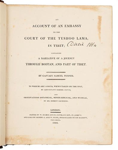TURNER, Samuel. An Account of an Embassy to the Court of the Teshoo Lama, in Tibet. London, 1800. FIRST EDITION.