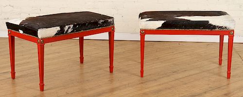 PAIR NEOCLASSICAL STYLE BENCHES WITH COWHIDE