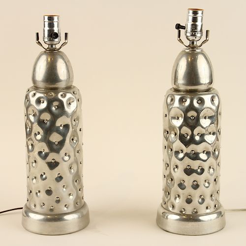 PAIR HOLLYWOOD REGENCY STYLE CHROME TABLE LAMPS