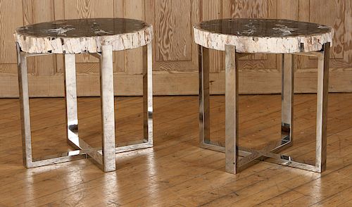 PAIR PETRIFIED WOOD END TABLE CHROME X-FROM BASES