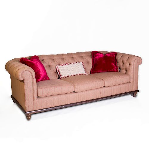 Victorian Style Mahogany and Tufted Plaid Upholstered Sofa