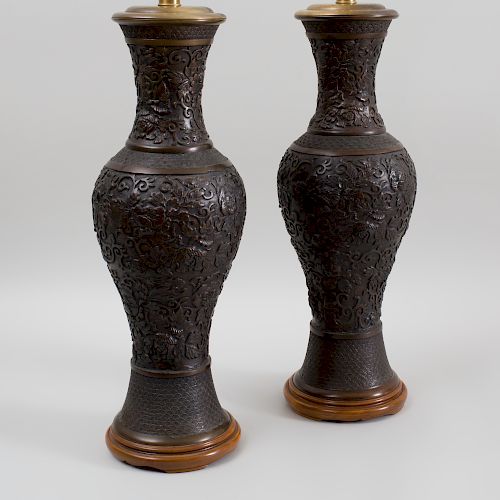 Pair of Chinese Bronze Baluster Vases Mounted as Lamps