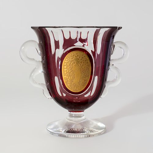 Wiener Werkstätte Gilt-Ruby Cased Glass Vase, in the Manner of Josef Hoffman 