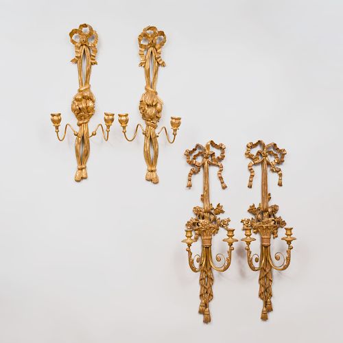 Two Pairs of Louis XVI Style Carved Giltwood Two Light Sconces