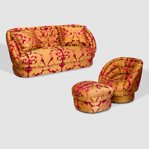 Suite of Silk Damask Upholstered Seat Furniture