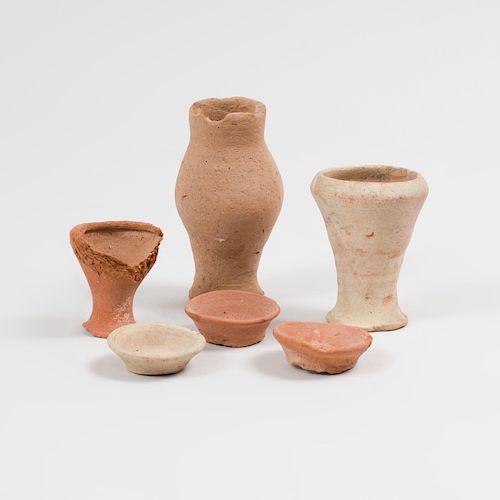 Three Small Egyptian Pottery Vessels and Three Miniature Dishes