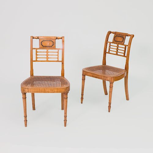 Pair of Neoclassical Ebonized Beech and Caned Side Chairs 
