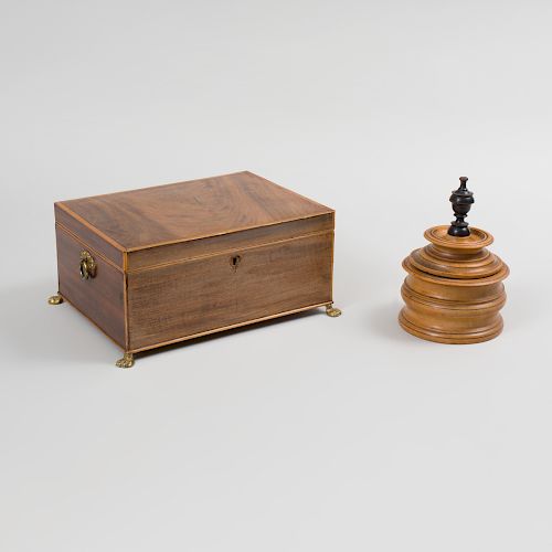 George III Inlaid Mahogany Work Box and A Victorian Turned Walnut Box and Cover