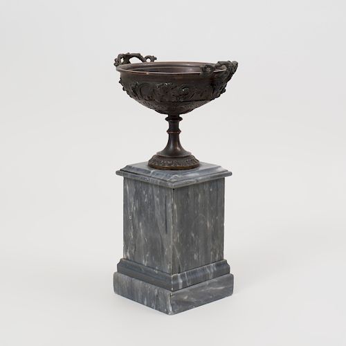 Continental Neoclassical Bronze Urn with Fruiting Vine Motif on a Grey Marble Base
