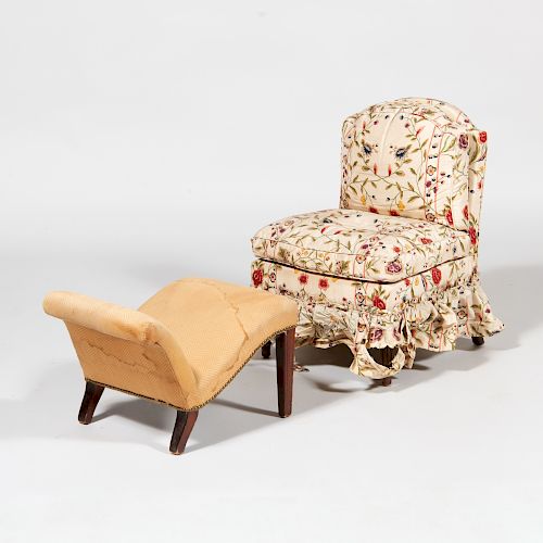 Victorian Style Upholstered Slipper Chair Together with an Upholstered Mahogany Gout Stool