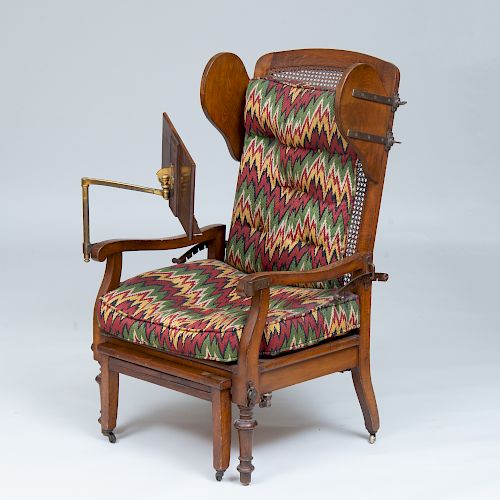 Victorian Style Stained Oak and Caned Mechanical Library Armchair