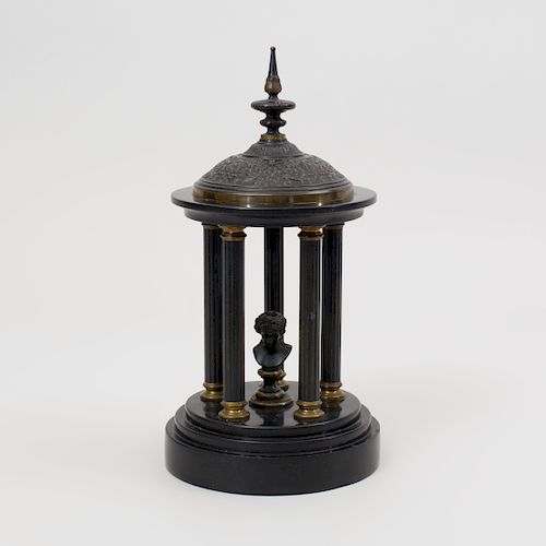 French Patinated Metal, Parcel-Gilt and Marble Model of a Temple