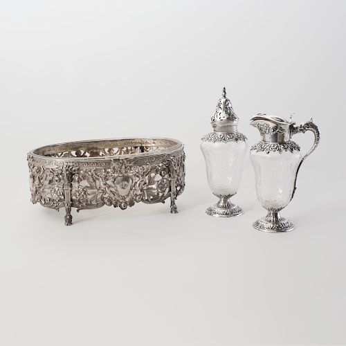 Wyler Silver Oval Centerpiece and Two Durgin Silver Mounted Cruets