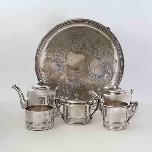 Gorham Aesthetic Movement Silver Plate Five Piece Tea and Coffee Service with an Silver Plate Salver