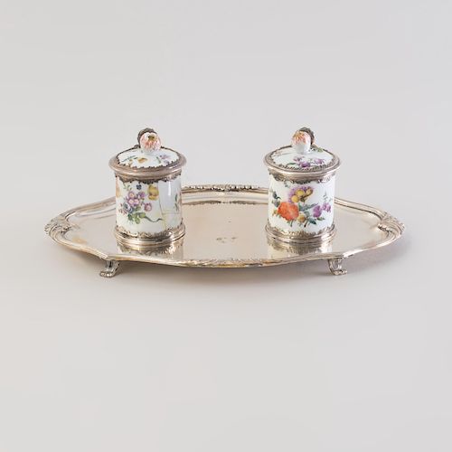 Bointaburet Silver Encrire with Meissen Porcelain Inkwells