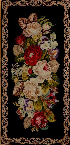 Small Black Ground Needlework Rug and a Rose Ground Needlework Rug
