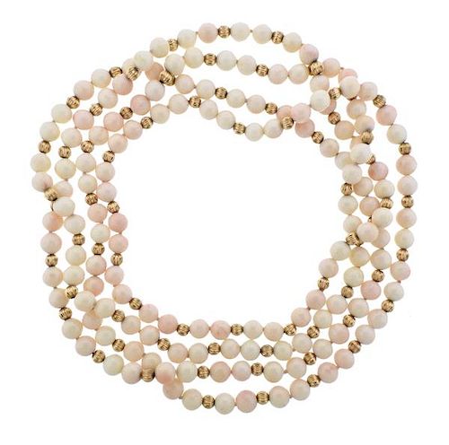 14k Gold Coral Bead Opera Length Long Necklace 