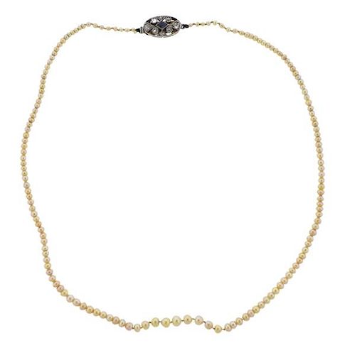 Antique Art Deco Gold Platinum Diamond Clasp Pearl Necklace