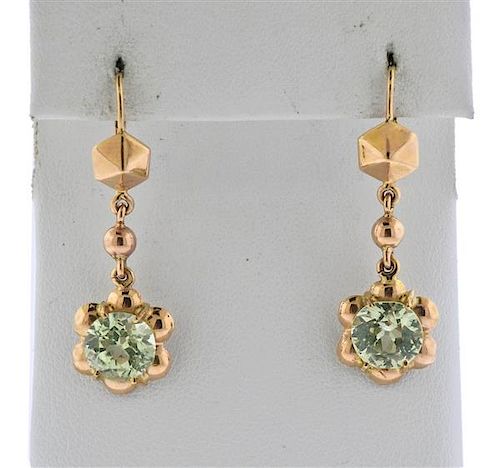 18K Gold Green Stone Dangle Earrings