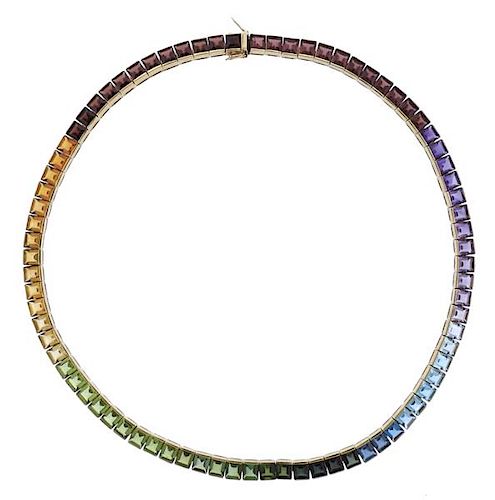 14K Gold Multi Color Gemstone Line Necklace