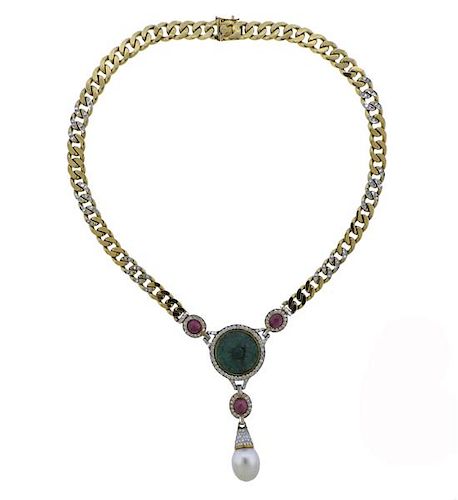 18K Gold Diamond Pearl Emerald Ruby Necklace