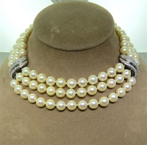 1950s 14K Gold Diamond Pearl Three Strand Necklace