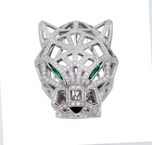 Panthère De Cartier White Gold Diamond Emerald Onyx  Ring