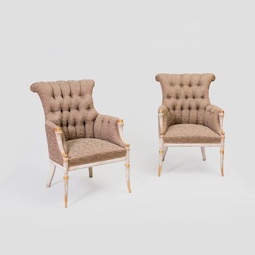 Pair of Neoclassical Style White Painted and Parcel-Gilt Bergères 