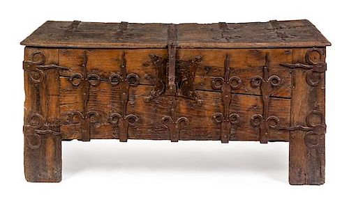 A French Gothic Iron Mounted Oak Chest Height 30 x width 62 3/8 x depth 25 1/4 inches.