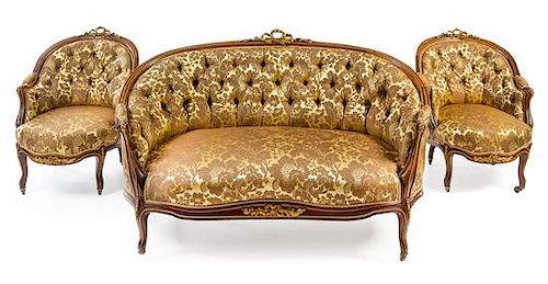 A Louis XV Style Rosewood Parlor Suite Width of settee 59 inches.