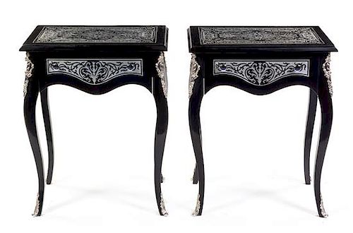 A Pair of Louis XV Style Pewter Inlaid Ebonized Side Tables Height 29 1/2 x width 23 1/2 x depth 15 1/2 inches.